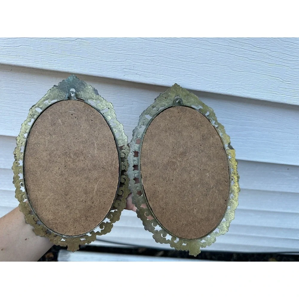 Vintage Victorian Brass Oval Ornate‎ Picture Frames Silk Children Outdoors X2